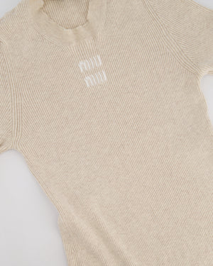 Miu Miu Beige Cotton Short Sleeve Maxi Dress With Anagram Logo Embroidery Size IT 36 (UK 4)