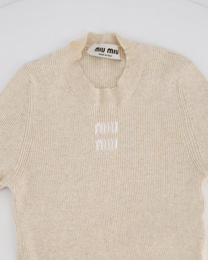 Miu Miu Beige Cotton Short Sleeve Maxi Dress With Anagram Logo Embroidery Size IT 36 (UK 4)