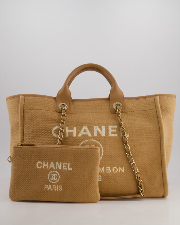 Chanel Camel Canvas Medium Deauville Tote Bag with Lambskin Leather Handles and Champagne Gold Hardware
