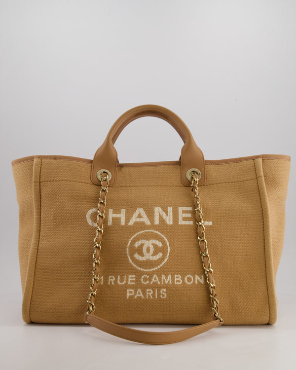 Chanel Camel Canvas Medium Deauville Tote Bag with Lambskin Leather Handles and Champagne Gold Hardware