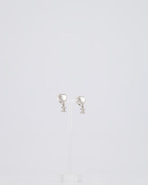 *HOT* Chanel Silver & White Heart Mother Of Pearl & CC Logo Pendant Earrings with Diamante and Detail