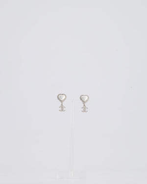 *HOT* Chanel Silver & White Heart Mother Of Pearl & CC Logo Pendant Earrings with Diamante and Detail