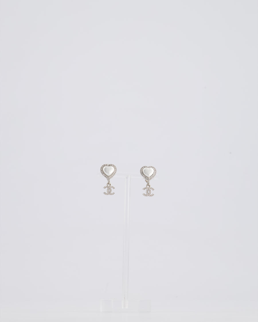 *HOT* Chanel Silver & White Heart Mother Of Pearl & CC Logo Pendant Earrings with Diamante and Detail