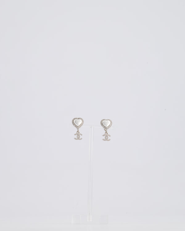*HOT* Chanel Silver & White Heart Mother Of Pearl & CC Logo Pendant Earrings with Diamante and Detail