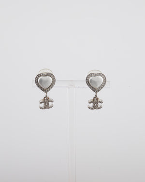 *HOT* Chanel Silver & White Heart Mother Of Pearl & CC Logo Pendant Earrings with Diamante and Detail