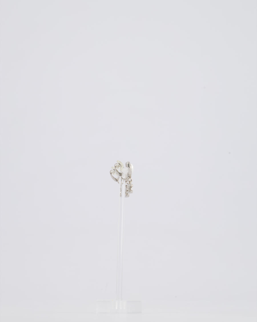 *HOT* Chanel Silver & White Heart Mother Of Pearl & CC Logo Pendant Earrings with Diamante and Detail