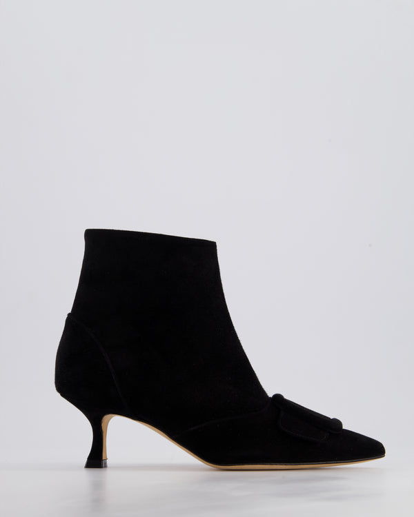 Manolo Blahnik Black Suede Baylow Ankle Boots with Buckle Detail Size EU 34.5