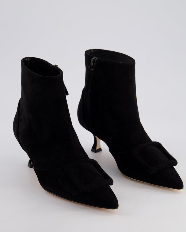 Manolo Blahnik Black Suede Baylow Ankle Boots with Buckle Detail Size EU 34.5