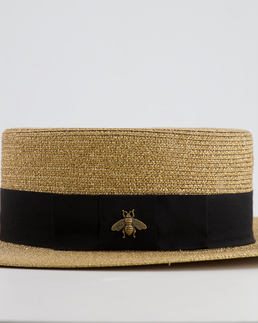 Gucci Gold Metallic Hat with Black Band and Bee Logo Detail Size XS RRP £435
