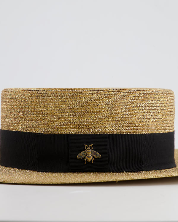 Gucci Gold Metallic Hat with Black Band and Bee Logo Detail Size XS RRP £435