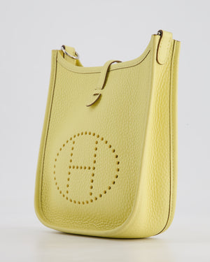 *FIRE PRICE* Hermès Mini Evelyne Bag in Jaune Poussin Clemence Leather with Palladium Hardware & Blanc Wool Strap