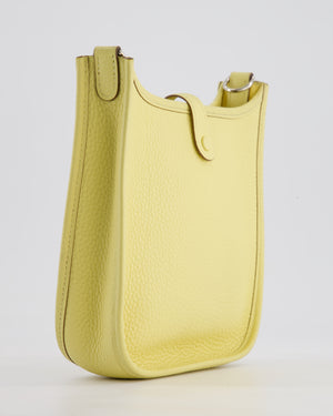 *FIRE PRICE* Hermès Mini Evelyne Bag in Jaune Poussin Clemence Leather with Palladium Hardware & Blanc Wool Strap