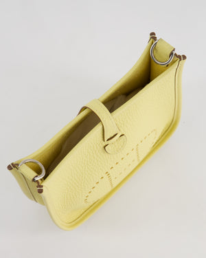 *FIRE PRICE* Hermès Mini Evelyne Bag in Jaune Poussin Clemence Leather with Palladium Hardware & Blanc Wool Strap