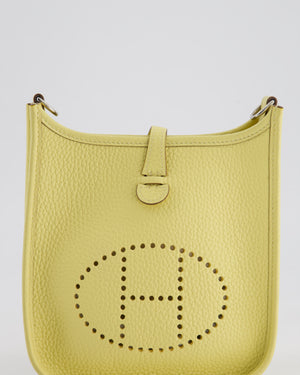 *FIRE PRICE* Hermès Mini Evelyne Bag in Jaune Poussin Clemence Leather with Palladium Hardware & Blanc Wool Strap