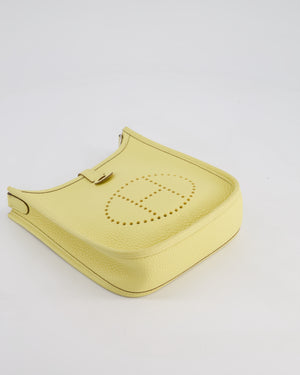 *FIRE PRICE* Hermès Mini Evelyne Bag in Jaune Poussin Clemence Leather with Palladium Hardware & Blanc Wool Strap