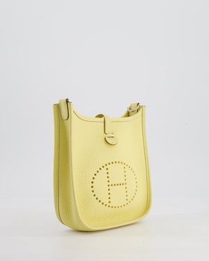 *FIRE PRICE* Hermès Mini Evelyne Bag in Jaune Poussin Clemence Leather with Palladium Hardware & Blanc Wool Strap