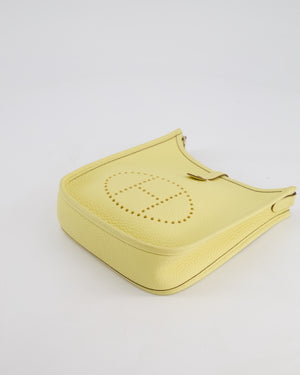 *FIRE PRICE* Hermès Mini Evelyne Bag in Jaune Poussin Clemence Leather with Palladium Hardware & Blanc Wool Strap