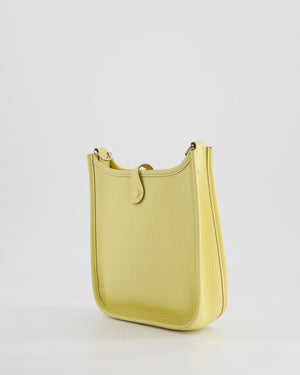 *FIRE PRICE* Hermès Mini Evelyne Bag in Jaune Poussin Clemence Leather with Palladium Hardware & Blanc Wool Strap