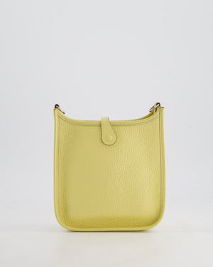*FIRE PRICE* Hermès Mini Evelyne Bag in Jaune Poussin Clemence Leather with Palladium Hardware & Blanc Wool Strap