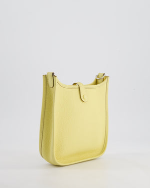 *FIRE PRICE* Hermès Mini Evelyne Bag in Jaune Poussin Clemence Leather with Palladium Hardware & Blanc Wool Strap