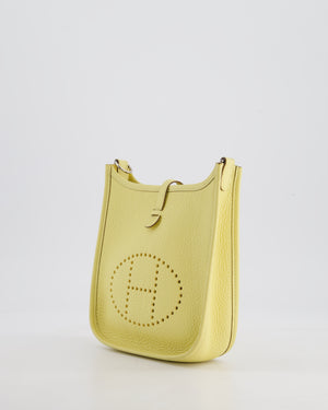 *FIRE PRICE* Hermès Mini Evelyne Bag in Jaune Poussin Clemence Leather with Palladium Hardware & Blanc Wool Strap