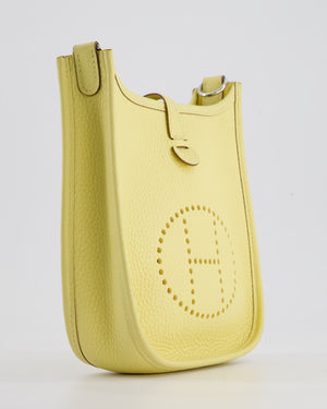 *FIRE PRICE* Hermès Mini Evelyne Bag in Jaune Poussin Clemence Leather with Palladium Hardware & Blanc Wool Strap