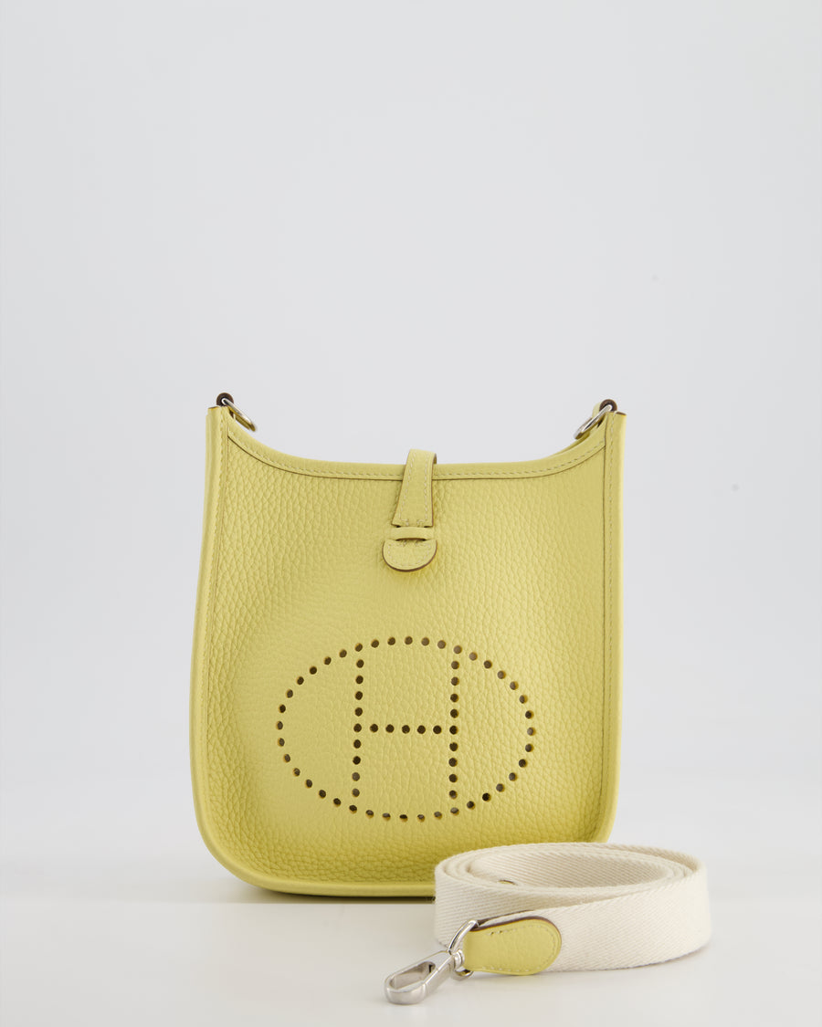 *FIRE PRICE* Hermès Mini Evelyne Bag in Jaune Poussin Clemence Leather with Palladium Hardware & Blanc Wool Strap