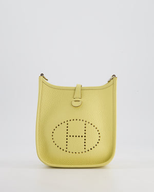 *FIRE PRICE* Hermès Mini Evelyne Bag in Jaune Poussin Clemence Leather with Palladium Hardware & Blanc Wool Strap