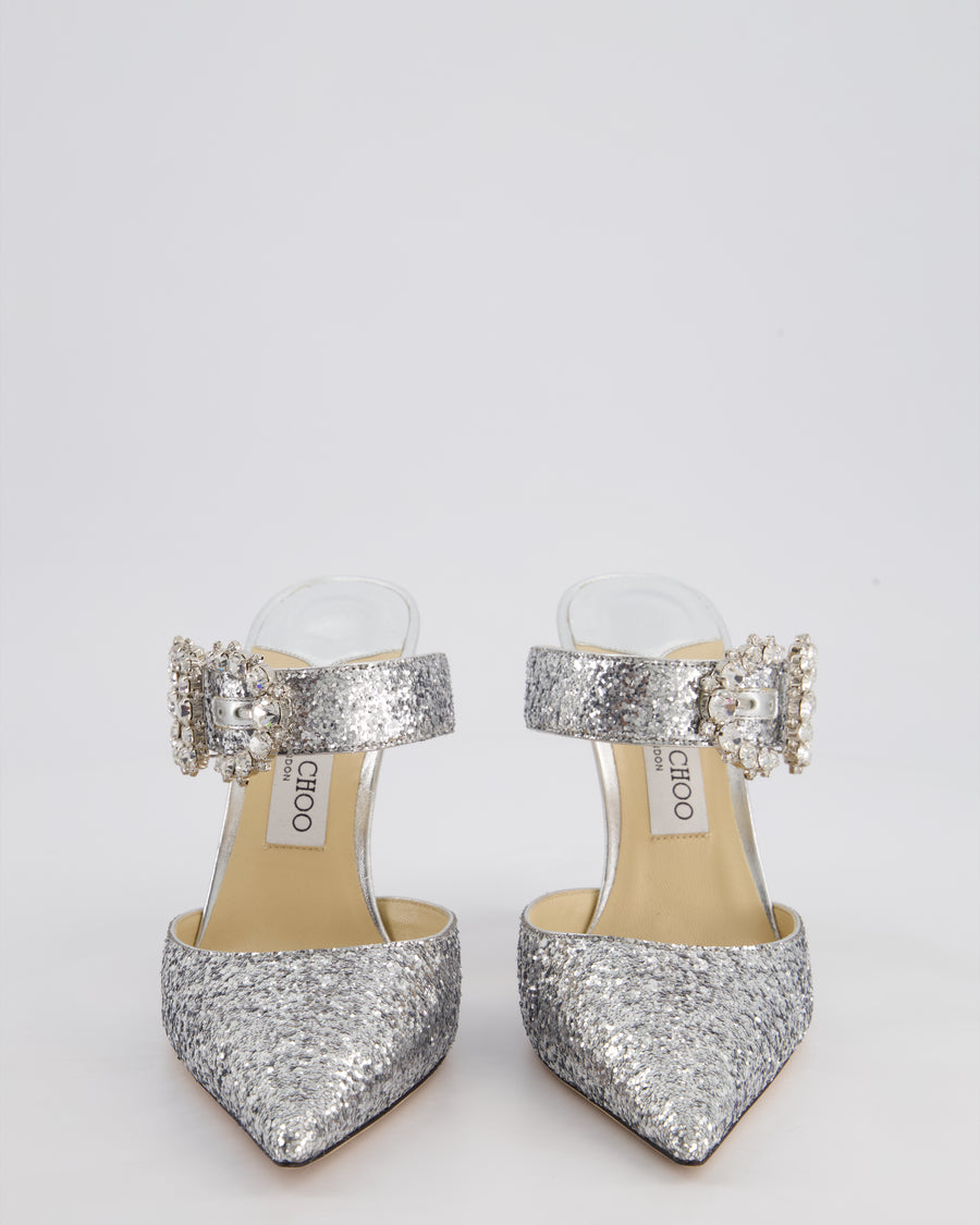 Jimmy Choo Silver Crystal Pointed Toe Mule Heels with Crystal Buckle Detail Size EU 38.5 RRP £850