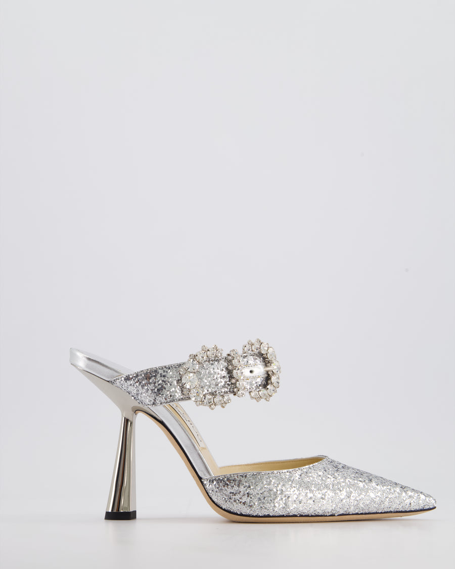 Jimmy Choo Silver Crystal Pointed Toe Mule Heels with Crystal Buckle Detail Size EU 38.5 RRP £850
