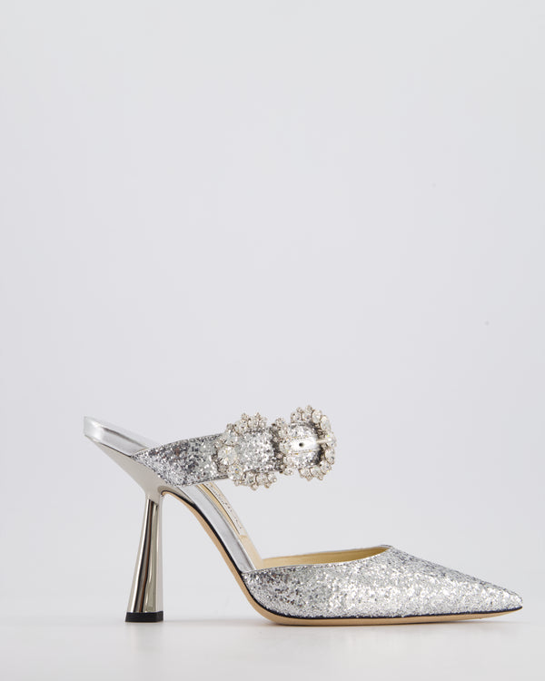 Jimmy Choo Silver Crystal Pointed Toe Mule Heels with Crystal Buckle Detail Size EU 38.5 RRP £850