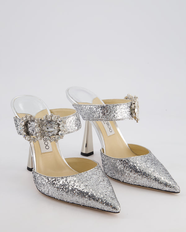 Jimmy Choo Silver Crystal Pointed Toe Mule Heels with Crystal Buckle Detail Size EU 38.5 RRP £850
