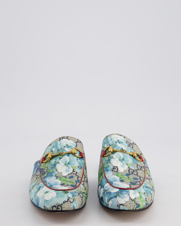 Gucci Sky Blue Floral Princetown Mules In Monogram Canvas Size EU 38.5