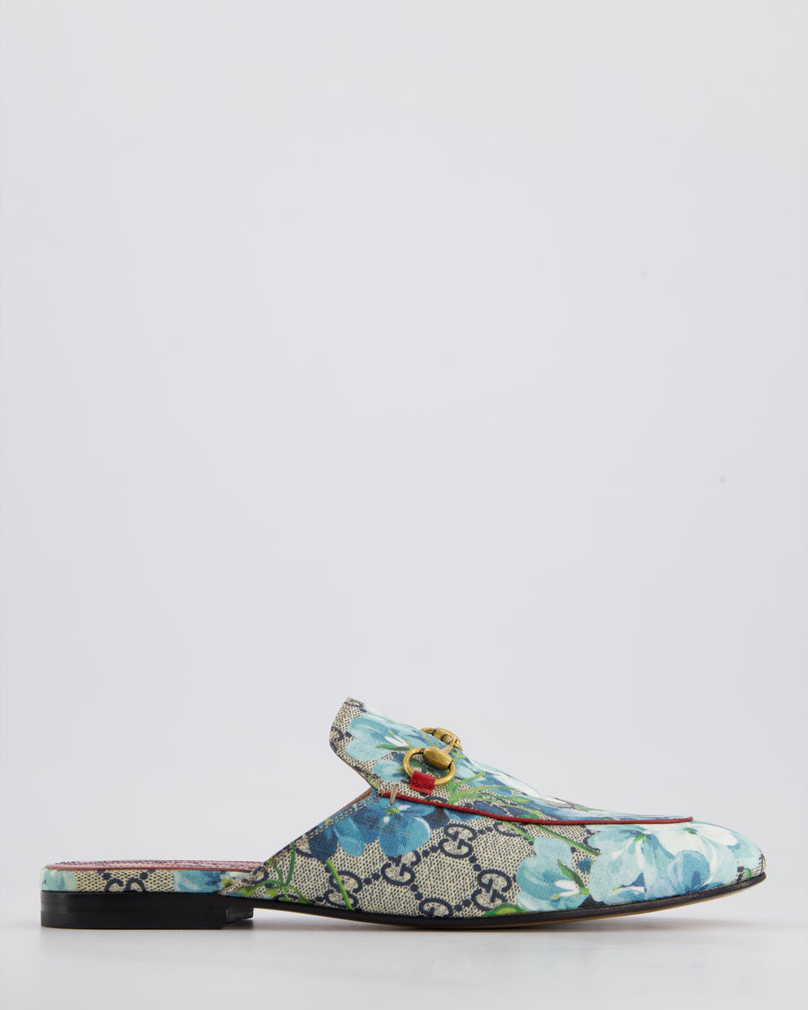 Gucci Sky Blue Floral Princetown Mules In Monogram Canvas Size EU 38.5