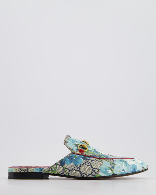 Gucci Sky Blue Floral Princetown Mules In Monogram Canvas Size EU 38.5