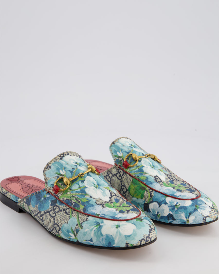Gucci Sky Blue Floral Princetown Mules In Monogram Canvas Size EU 38.5