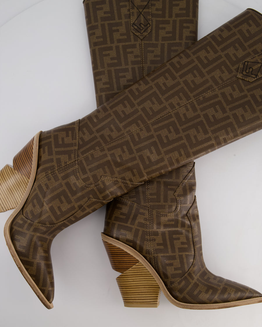 Fendi Brown Calfskin Leather Cowboy Boots with Logo Detail Size EU 39