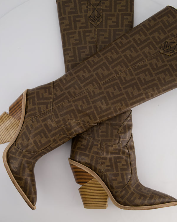 Fendi Brown Calfskin Leather Cowboy Boots with Logo Detail Size EU 39