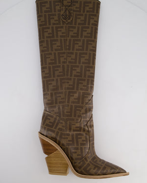 Fendi Brown Calfskin Leather Cowboy Boots with Logo Detail Size EU 39