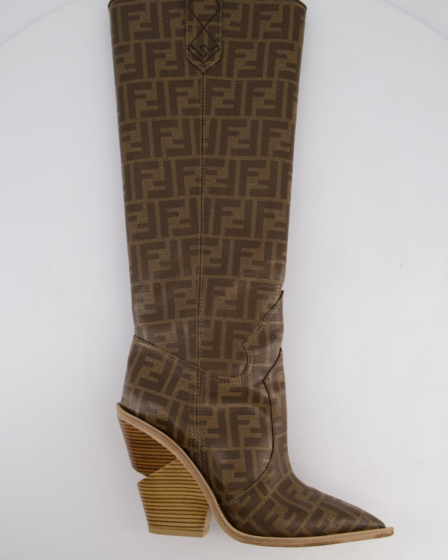 Fendi Brown Calfskin Leather Cowboy Boots with Logo Detail Size EU 39