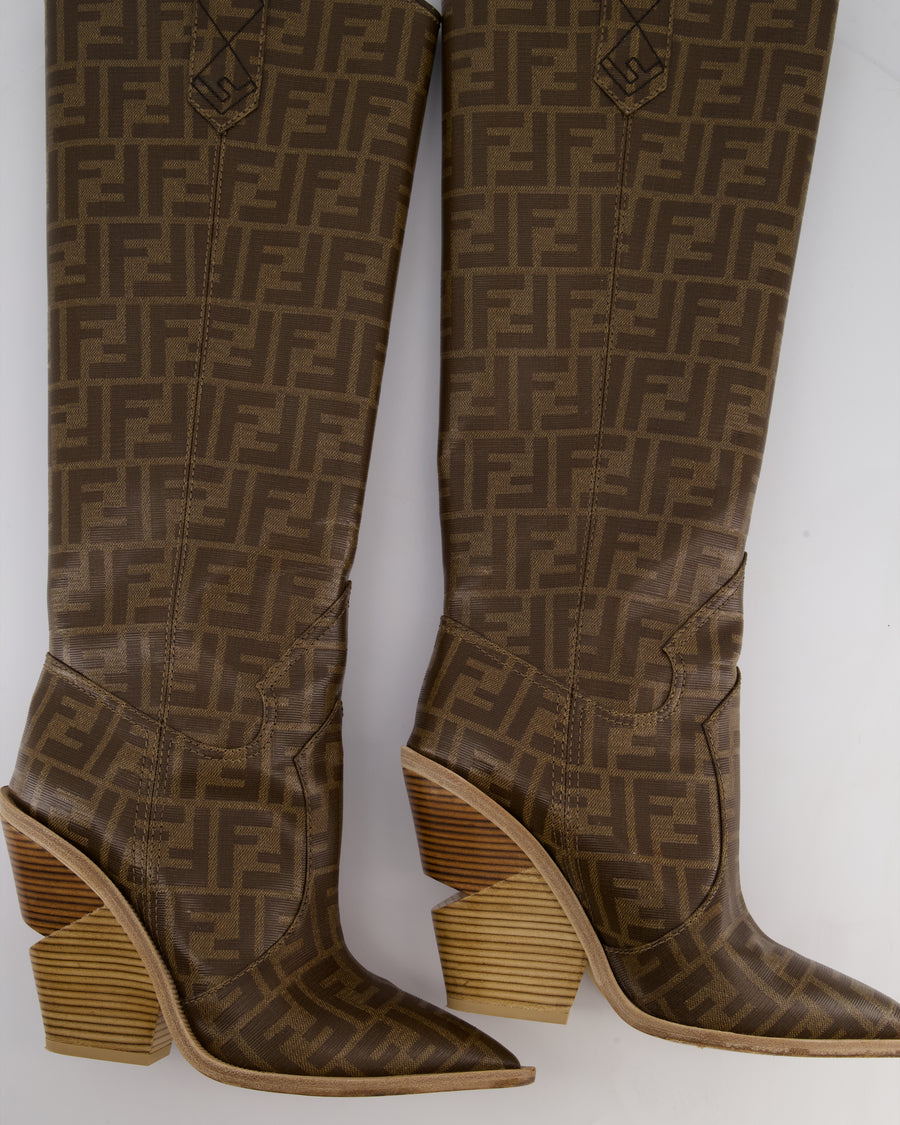 Fendi Brown Calfskin Leather Cowboy Boots with Logo Detail Size EU 39