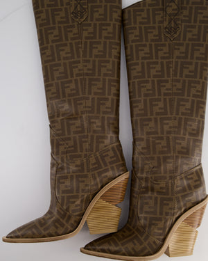 Fendi Brown Calfskin Leather Cowboy Boots with Logo Detail Size EU 39