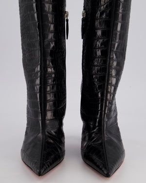 Amina Muaddi Black Croc Embossed Rain 95mm Knee-High Boots Size EU 39