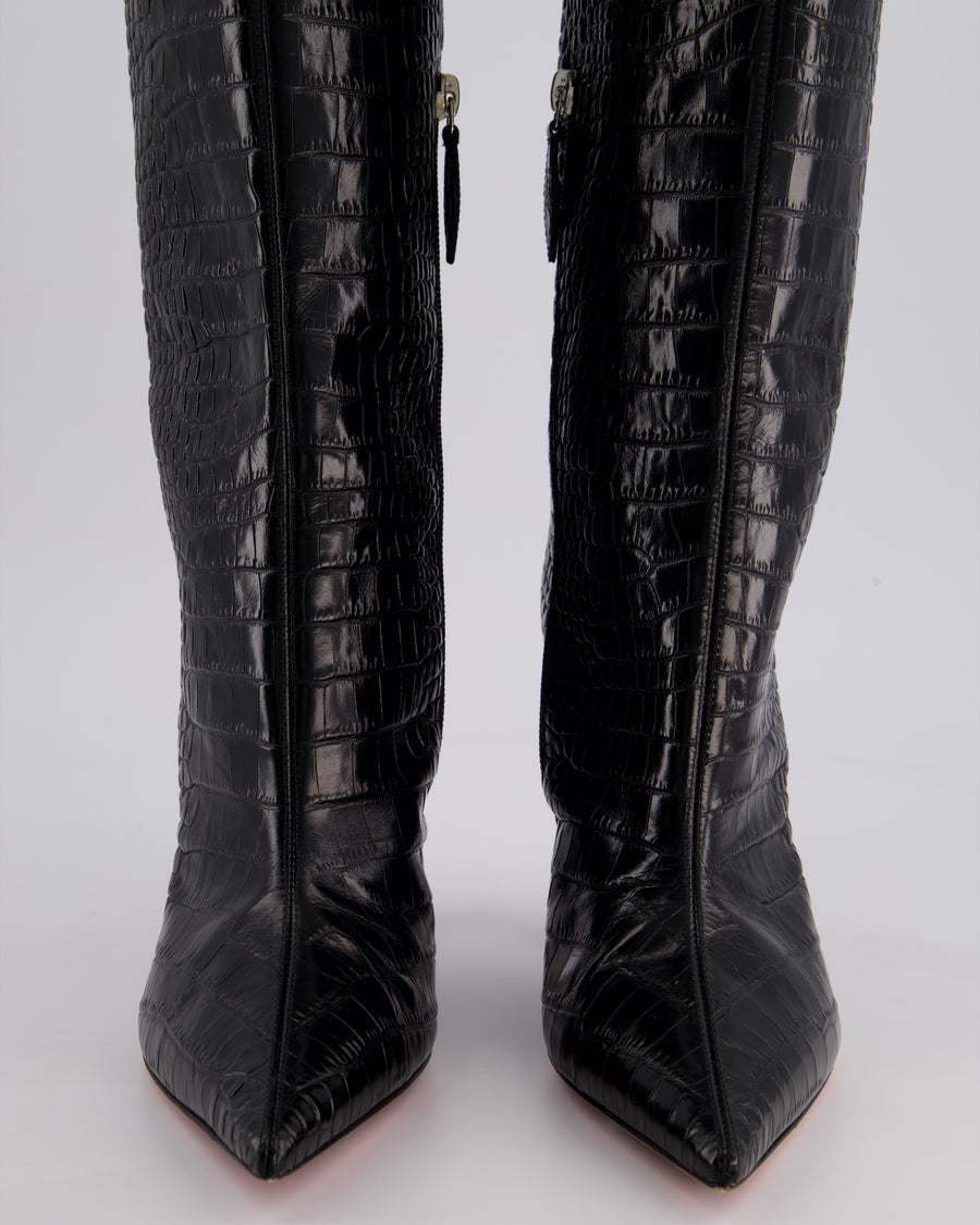 Amina Muaddi Black Croc Embossed Rain 95mm Knee-High Boots Size EU 39