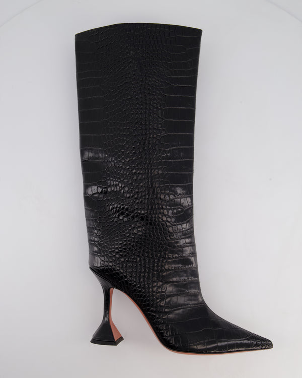 Amina Muaddi Black Croc Embossed Rain 95mm Knee-High Boots Size EU 39