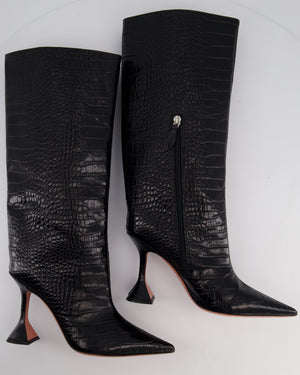 Amina Muaddi Black Croc Embossed Rain 95mm Knee-High Boots Size EU 39