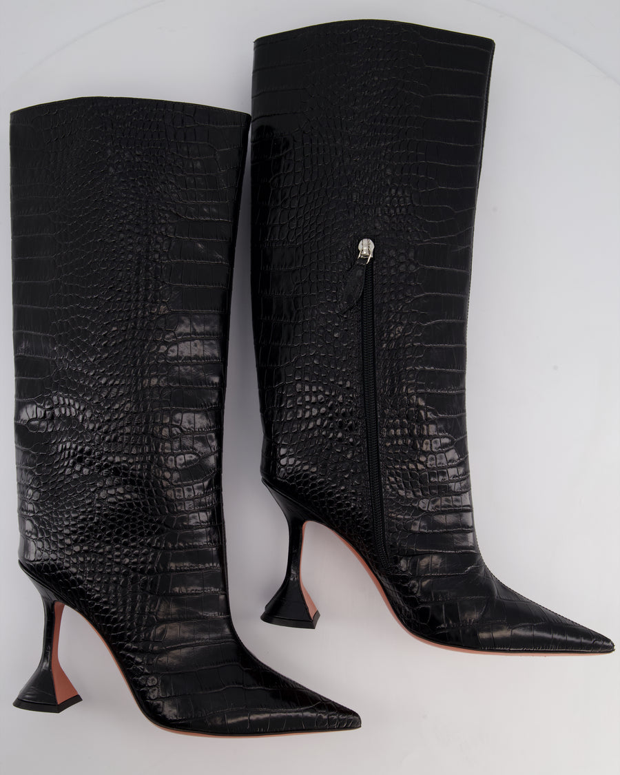 Amina Muaddi Black Croc Embossed Rain 95mm Knee-High Boots Size EU 39