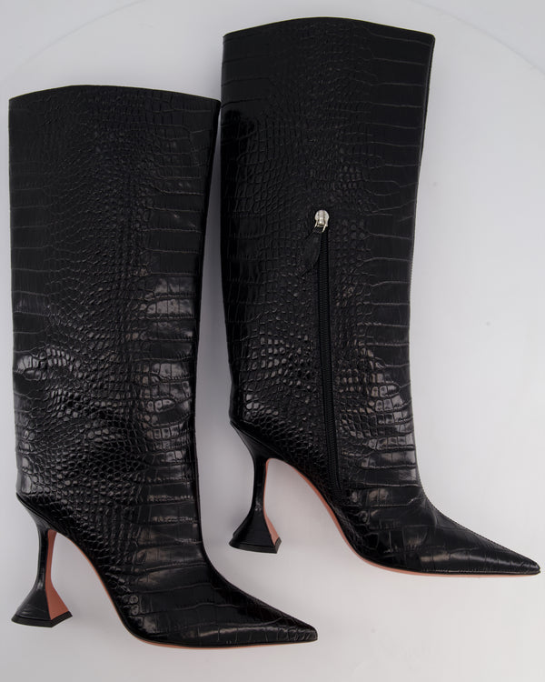 Amina Muaddi Black Croc Embossed Rain 95mm Knee-High Boots Size EU 39
