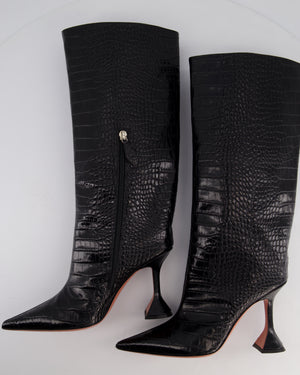 Amina Muaddi Black Croc Embossed Rain 95mm Knee-High Boots Size EU 39