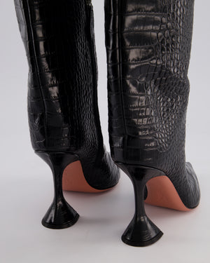 Amina Muaddi Black Croc Embossed Rain 95mm Knee-High Boots Size EU 39
